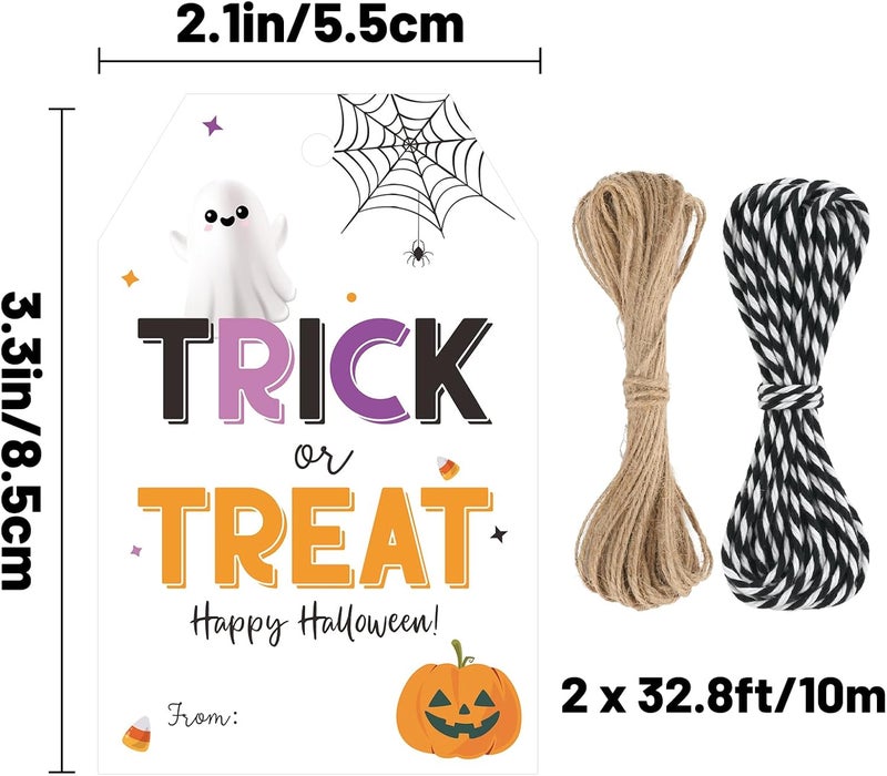 Alynta Halloween Tags with String - 50Pcs Happy Halloween Paper Gift Tags Trick or Treat Tag Pumpkin Ghost Name Tag Labels for Goodie Bags Gift Wrapping Halloween Decorations (White) - Image 2